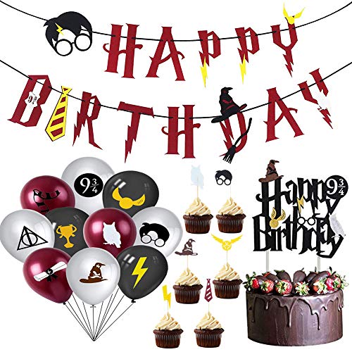 Artículos de Fiesta para Harry Potter BESLIME Suministros para la Fiesta de Harry Potter, Estandarte de cumpleaños, Harry Potter Inspired Cupcake Toppers, Globo de látex