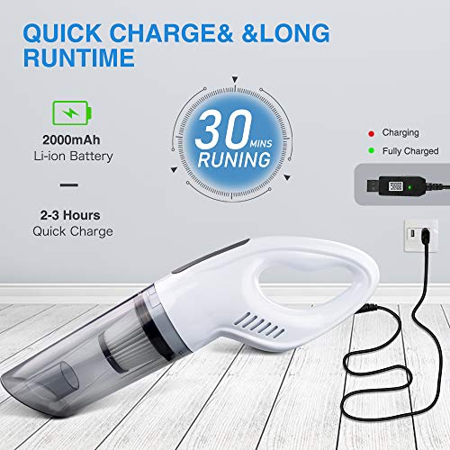 Aspiradora de mano inalámbrica, recargable, portátil, inalámbrica, con potente succión y filtro de acero lavable con agua, 120 W inalámbrico con batería de 2200 mAh para el hogar, el automóvil