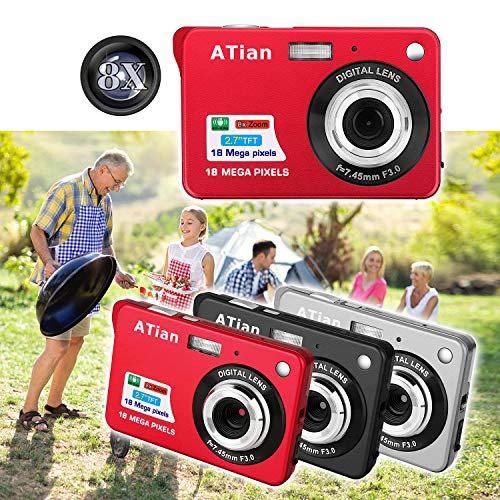 ATian Compactas Cámaras Digitales 2.7 Pulgadas LCD 8X Zoom Digital Anti-vibración Recargable HD Cámara Digital para Estudiantes/Adultos Mayores/niños (Negro)