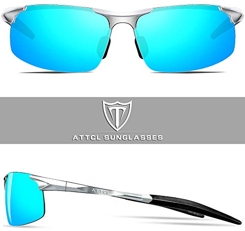 ATTCL Hombre Gafas De Sol Deportes Polarizado Súper Ligero Al-Mg Marco De Metal (8177 Azul plateado)