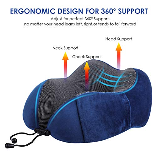 Audew Almohada Cervical de Espuma Viscoelastica, Cojin Viaje para Cuello y Cabeza 360° Soporte, Almohada Avion con Antifaz y Tapones para Dormir y Bolsa Transporte, Azul