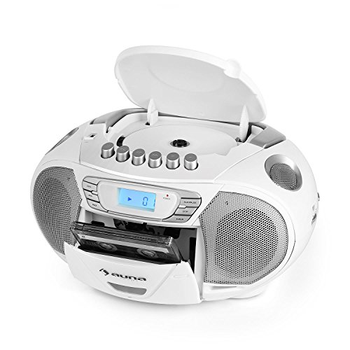 auna KrissKross - CD-Radio, Minicadena, Radio, Reproductor CD/MP3, Cassette, Puerto USB Apto MP3, Sintonizador FM, Entrada para Auxiliar minijack de 3,5 mm, Pantalla LCD, Portátil, Blanco