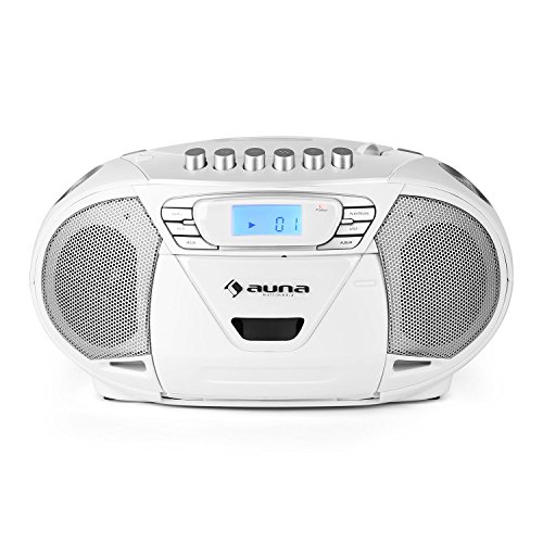 auna KrissKross - CD-Radio, Minicadena, Radio, Reproductor CD/MP3, Cassette, Puerto USB Apto MP3, Sintonizador FM, Entrada para Auxiliar minijack de 3,5 mm, Pantalla LCD, Portátil, Blanco