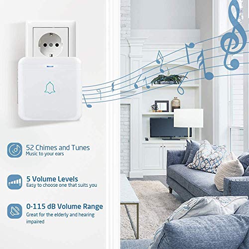 AVANTEK D-3W Timbre Inalámbrico Impermeable, Timbres para Puerta Plug-in Sin Hilos a un Rango de 400m, Indicadores LED, IP55 Resistente al Agua, 5 Niveles de Volumen, 52 Melodías