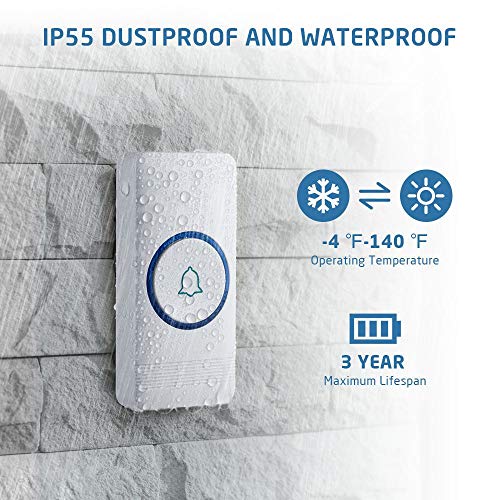 AVANTEK D-3W Timbre Inalámbrico Impermeable, Timbres para Puerta Plug-in Sin Hilos a un Rango de 400m, Indicadores LED, IP55 Resistente al Agua, 5 Niveles de Volumen, 52 Melodías