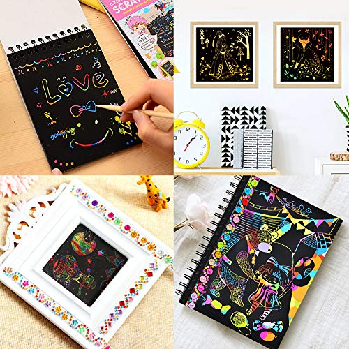 AYUQI Scratch Art Paper Notebook, Manualidades para niños, Scratch Art para niños, Juego Manualidades, Plantillas para Dibujar niños, DIY Kit con Regla de Dibujo y Plumas de Madera