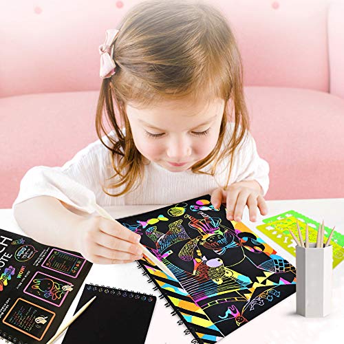 AYUQI Scratch Art Paper Notebook, Manualidades para niños, Scratch Art para niños, Juego Manualidades, Plantillas para Dibujar niños, DIY Kit con Regla de Dibujo y Plumas de Madera