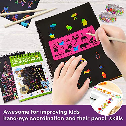 AYUQI Scratch Art Paper Notebook, Manualidades para niños, Scratch Art para niños, Juego Manualidades, Plantillas para Dibujar niños, DIY Kit con Regla de Dibujo y Plumas de Madera