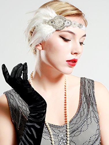 BABEYOND Años 20 Flapper Diadema de Plumas Negras Diadema Gatsby Vintage Cinta para el Pelo con Cuentas de Cristal Accesorios Vintage Disfraz Gran Gatsby Fiesta Temática Prom (Blanco)