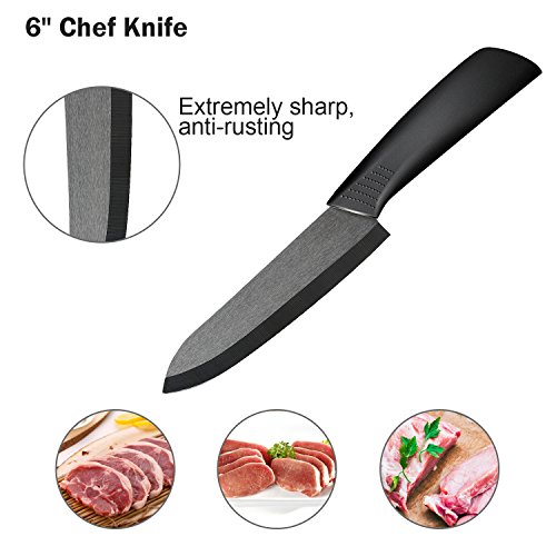 Ballery Cuchillos de Cerámica Set, 4 Piezas Cuchillos de Cocina y 1 Pelador Cerámica (6"Chef Cuchillo, 5'' Utilidad/Cortar, 4'' Cuchillo de Fruta, 3'' Cuchillo de pelado) - Negro