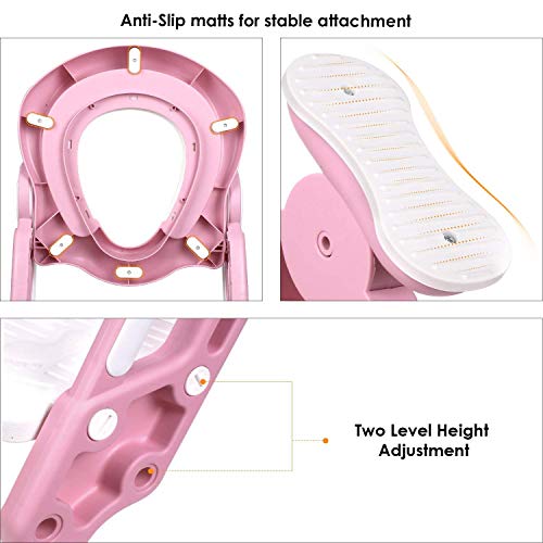 Bamny Adaptador WC Niños con Escalera, Asiento Inodoro Niños Ajustable para Orinal Infantil Formación, Seguro, Antideslizante (Rosa)