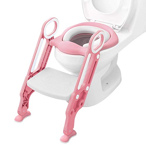 Bamny Adaptador WC Niños con Escalera, Asiento Inodoro Niños Ajustable para Orinal Infantil Formación, Seguro, Antideslizante (Rosa)