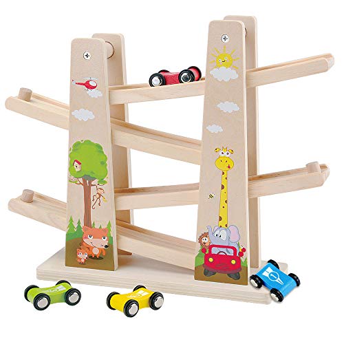 Baobë Juguetes de Pista de Madera, Juegos de Coches, Juguetes de Madera para Niños Haga Clic en la Pista de Clack con * 4 * Coches, Regalos Educativos para Niños Pequeños