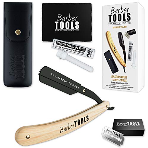 ✮ Barber Tools ✮ Navaja de afeitar + 5 cuchillas de doble hoja (10 cuchillas simples) + Paño de pulir + Almacenamiento Pu + Palo hemostático