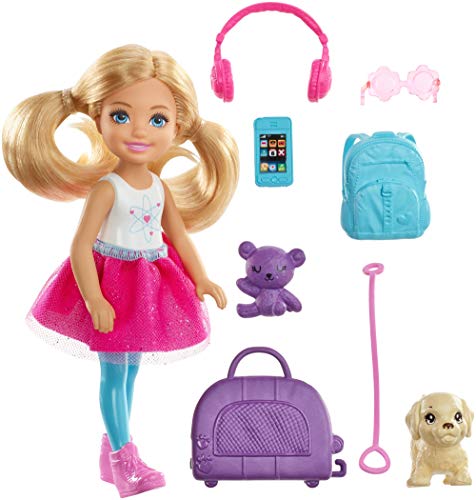 Barbie Chelsea Vamos de viaje con perrito, muñeca con accesorios, regalo para niñas y niños 3-9 años (Mattel FWV20)