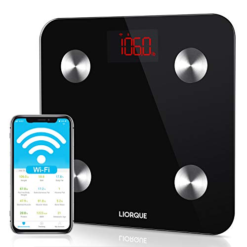 Báscula Grasa Corporal Wifi, LIORQUE Báscula de Baño Digital con APP Báscula Inteligente con 14 Medidas de Composición Corporal, Compatible con Móviles Andriod y iOS