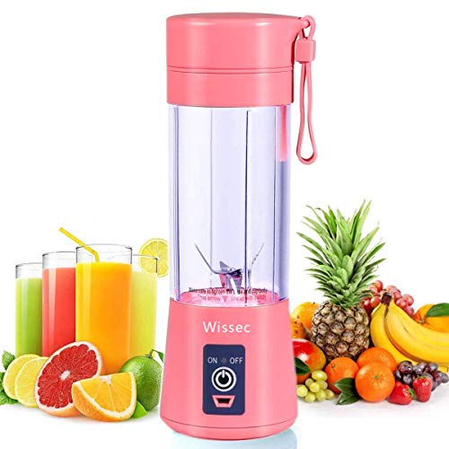 Batidora Portátil de Frutas Recargable Con USB, Mini Licuadora Para Batidos, Bebidas, zumo de frutas, Máscara Completa, 380 ml, Seis Cuchillas 3D Para una Mezcla Excelente. Rosa