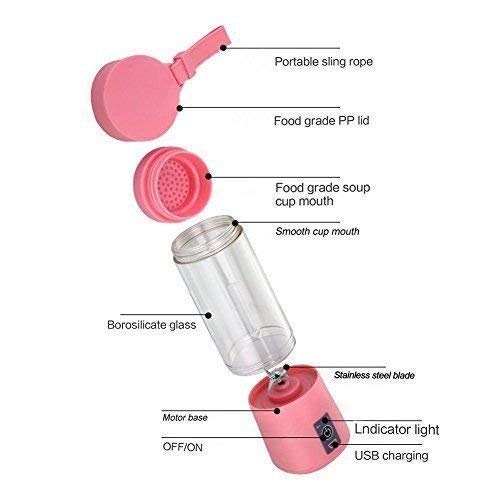 Batidora Portátil de Frutas Recargable Con USB, Mini Licuadora Para Batidos, Bebidas, zumo de frutas, Máscara Completa, 380 ml, Seis Cuchillas 3D Para una Mezcla Excelente. Rosa