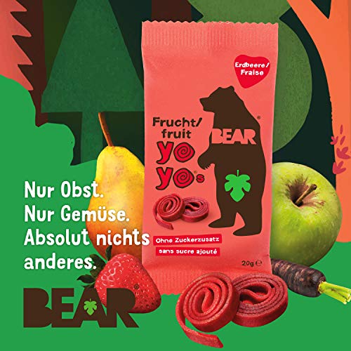 BEAR - Snack hecho al 100% de pura fruta en forma de rollito FRESA - Pack de 18 x 20 g, Sin Azúcar Añadido, Sin Gluten, Vegano