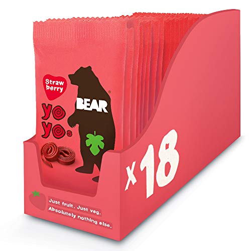 BEAR - Snack hecho al 100% de pura fruta en forma de rollito FRESA - Pack de 18 x 20 g, Sin Azúcar Añadido, Sin Gluten, Vegano