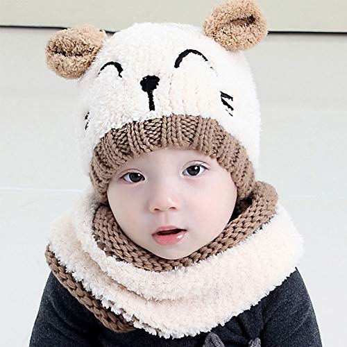 Bearbro Bufandas del Bebé, Invierno Niño Niña Sombrero y Bufandas otoño Invierno niños niñas Punto Gorras y Bufanda Guantes Traje de Tres Piezas (Blanco)