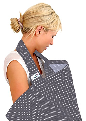 BebeChic *100% Cotton* Breastfeeding Cover *105cm x 69cm* - with drawstring Storage Bag - Boned Nursing Apron - slate grey / white dot