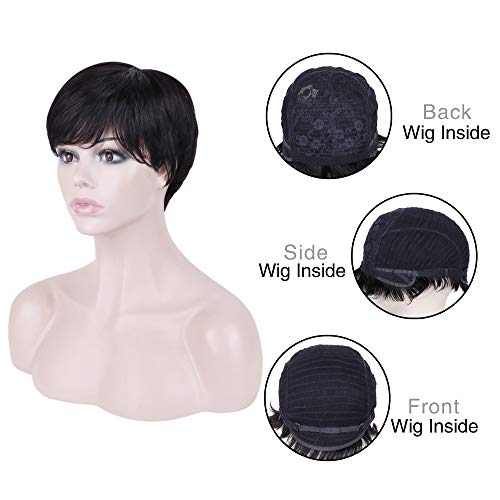 Becus 100% cabello humano Pixie Cut peluca pelo corto en capas rectas con flequillo de parte lateral libre para mujeres (negro natural # 1B)