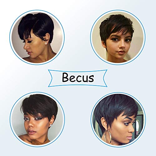 Becus 100% cabello humano Pixie Cut peluca pelo corto en capas rectas con flequillo de parte lateral libre para mujeres (negro natural # 1B)