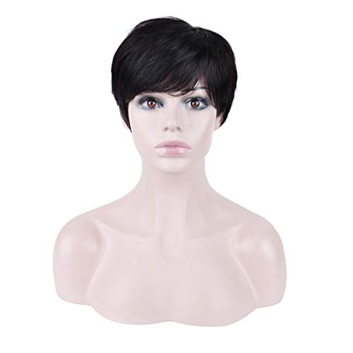 Becus 100% cabello humano Pixie Cut peluca pelo corto en capas rectas con flequillo de parte lateral libre para mujeres (negro natural # 1B)