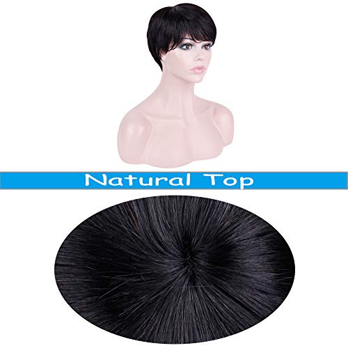 Becus 100% cabello humano Pixie Cut peluca pelo corto en capas rectas con flequillo de parte lateral libre para mujeres (negro natural # 1B)