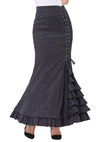 Belle Poque Mujer Arrugas Falda de Encaje de Cintura Alta Jacquard Negro Largo Cola de Pescado BP000204-1_USA12