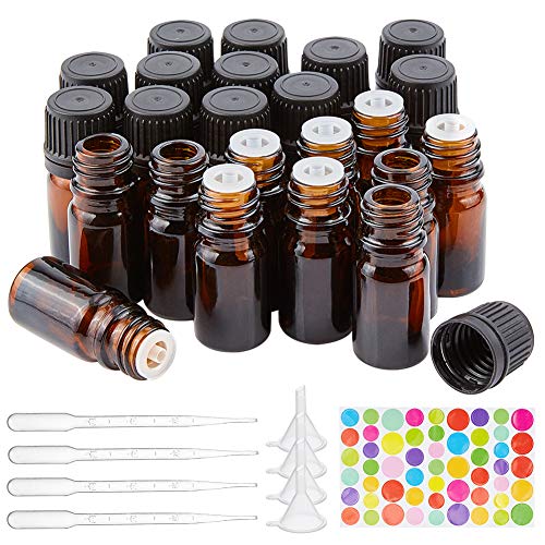 BENECREAT 24 Pack 5ml Botella de Vidrio Ámbar con Reductor de Orificio Botella Vacía de Aceite Esencial con Tapa Antideslizante, 10PCS Pipetas, 4PCS Embudos para Aromaterapia