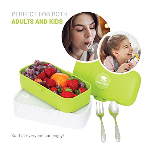 Bento Box de Nifty Kitchen - Lonchera con 2 compartimentos y cubiertos - a prueba de agua, apto para lavavajillas y microondas. Ideal para adultos o niños, hombres o mujeres.