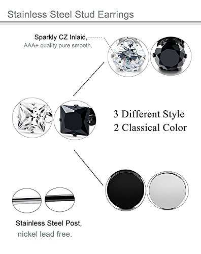 BESTEEL 6Pares Acero Inoxidable Pendientes Studs para Hombre Mujer Aretes con Circonita Redondo Cuadrado Pendiente, Plata y Negro 7mm