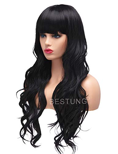 BESTUNG Peluca larga ondulada para mujer, pelo sintético, pelo completo, color negro natural, con pulseras para disfraz de cosplay o vida diaria