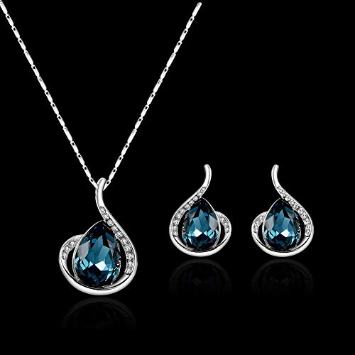 Beuya Mujer Conjunto de Joyas de Colgante de Cristal Azul en Forma de Gota y Collar Colgante, Señoras Boda Fiesta cumpleaños/Regalo de San Valentín (Plata)