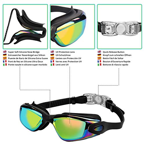 Bezzee Pro Gafas de Natación - gafas natacion antivaho Protección UV con Estuche de Almacenamiento – Herméticas y Correa de Silicona Ajustables para Adultos, Hombres, Mujeres, Jóvenes – Puente Nasal