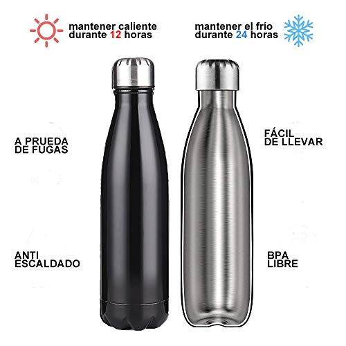 BICASLOVE Botella de Agua de Acero Inoxidable,Diseño de Pared Doble,Boca EstáNdar,para Correr,Gimnasio,Yoga,Ciclismo,500ML,Negro