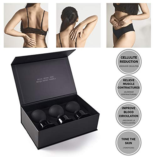 BICTIVE | Set de Ventosas para Celulitis de Cristal, Masajeador Anticelulítico, Reductora, Masajeador Espalda | Set Premium Color Negro | 3 Ventosas de 61 mm con Bola de Succión