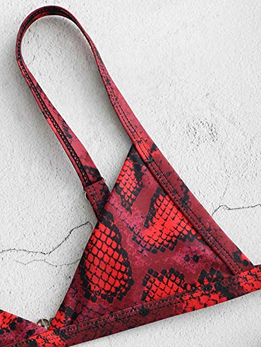 Bikini Zaful con estampado de piel de serpiente. Tiras en los laterales, gran escote en V y talle alto Rojo rosso M