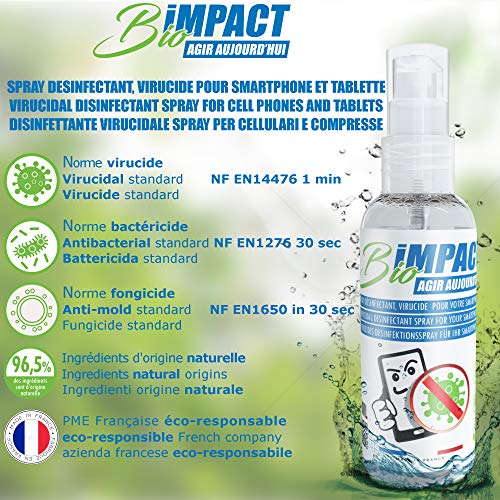 BIOIMPACT Producto de Limpieza en Aerosol desinfectante virucida para Pantallas táctiles de tabletas de teléfonos Inteligentes Norma NF EN 14476 - Fabricado en Francia