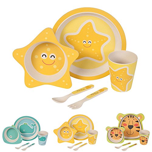 BIOZOYG Set vajilla Infantil de bambú sin bpa 5 Piezas I Motivo Estrella del mar I Servicio de Mesa cubertería para niños Tazón Vaso de Beber Plato para niños I Reciclaje de Material Natural