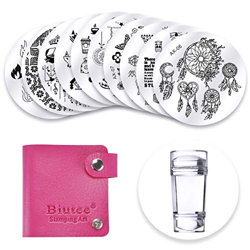 Biutee Set de Stamping Nail Art 10 Pcs Plantilla para Uñas +1pcs Estampador+1pcs Raspador+1 Pcs Bolso Para Placa