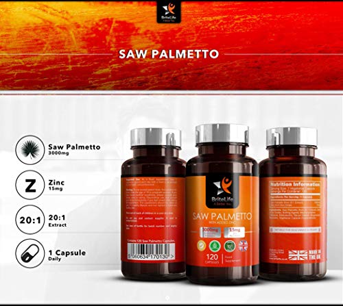 BL Saw Palmetto con Zinc 3000mg por Capsula | 120 Capsulas Veganas de Alta Potencia | Saw Palmetto Pelo y la Salud Masculina — Sin OGM, Lacteos o Alergenos