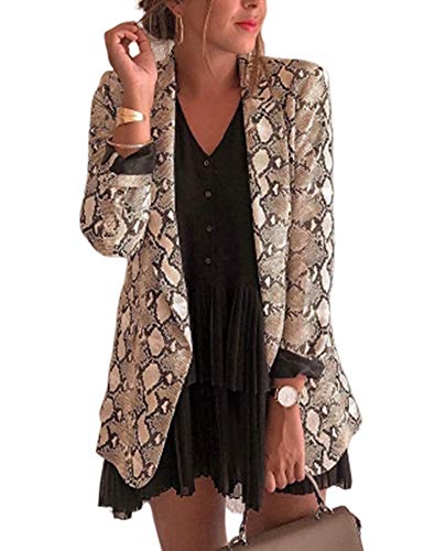 Blazer para Mujer Estampado de Leopardo Collar de Solapa Ajuste Recto Talla Grande Sastre Chaqueta de Manga Larga Estación Media (Beige, S)