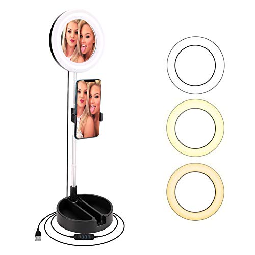 BLOOMWIN Luz de Anillo LED Regulable 6” con Espejo de Maquillaje Soporte para Móvil de Mesa Altura Ajustable con 3 Modos Profesional Plegable USB para Youtube Disparo Selfie Video Maquillaje Tiktok