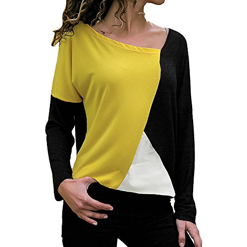 Blusa Moda Patchwork Casual para Mujer Sudadera con Capucha Tallas Grandes Color Block Tallas Grandes O-Neck Manga Larga Camiseta Tops Invierno Abrigos Liquidación de Venta SHOBDW (Amarillo,XL)