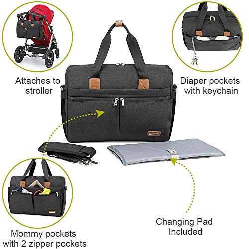 Bolsa de Pañales RUVALINO, Gran Bolso de Viaje, para el Carrito del Bebé, Elegante para Mamá y Papá, Cambiador de Bebé Convertible para Niños y Niñas con Bolsillos Independientes (Gris oscuro)