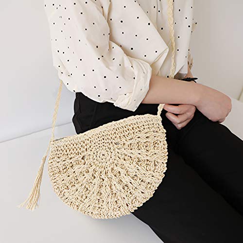 Bolso de Playa de Paja Mujeres al Aire Libre Playa Mano Hechas Bolsa de Crossbody Estilo boho Summer Beach Purse para Viajar Fecha Vacaciones y Uso Diario Beige