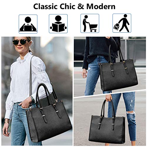 Bolso Mujer Grande Bolsos Bandolera Maletin para Universidad Trabajar Ordenador Portatil Estudiante Tote Shopper Negro Cuero PU 15,6 Pulgadas Negro